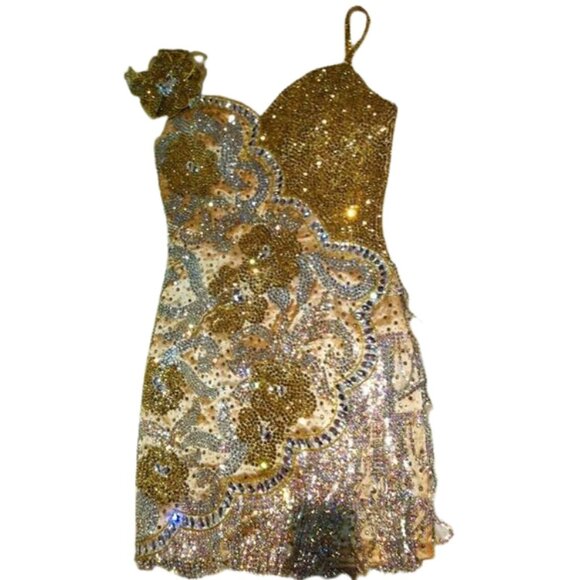 Couture Swarovski Crystals Luxury Flowers Fringes Designer Cocktail Runway Dress - Picture 9 of 12